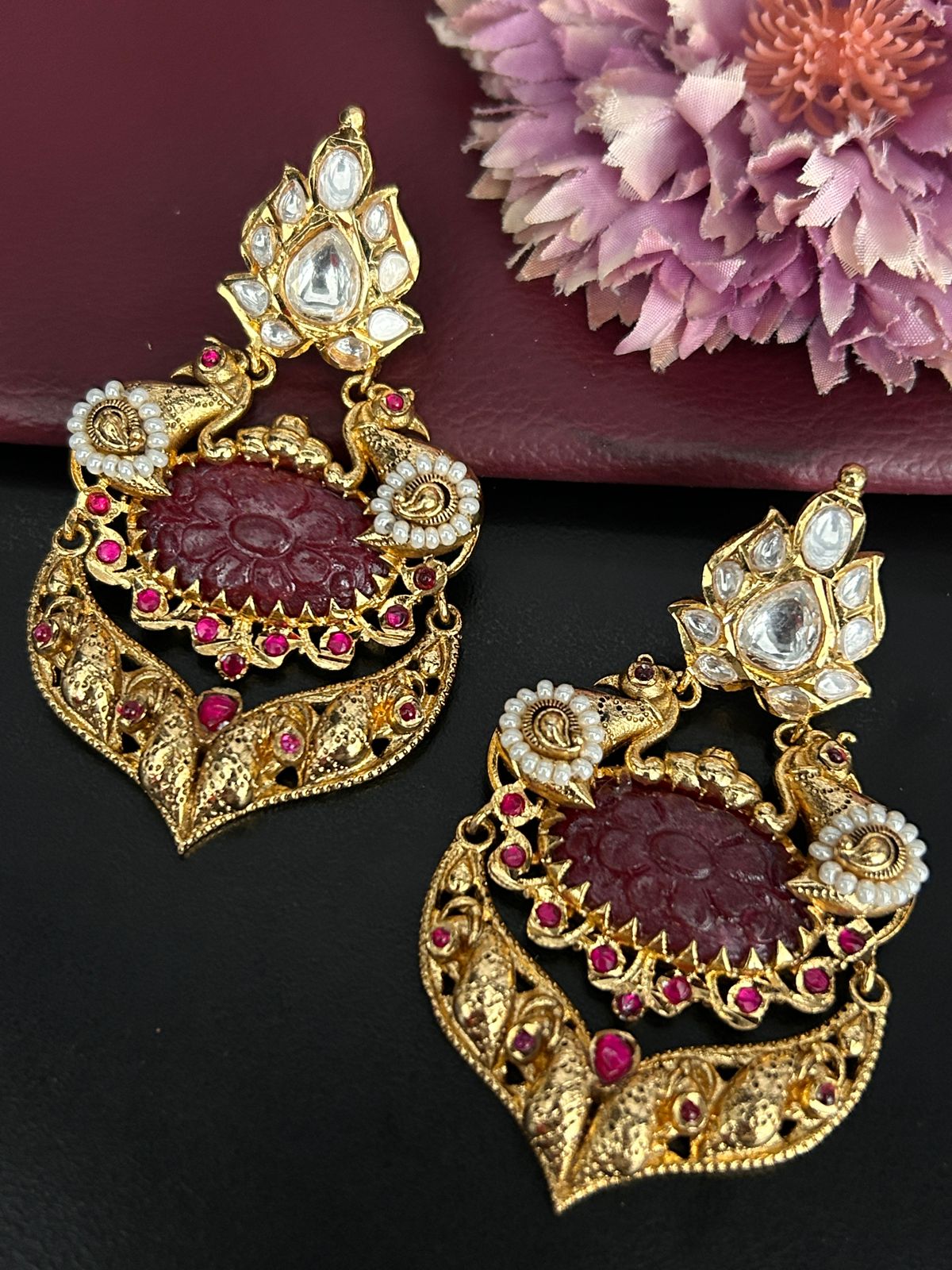 Antique Gold Ruby Peacock Earrings with Kundan & Pearls